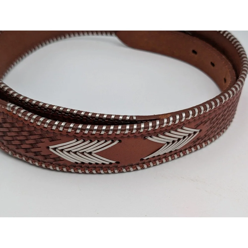 Unisex Western Belt Basketweave Metal Arrowhead Tooled Brown